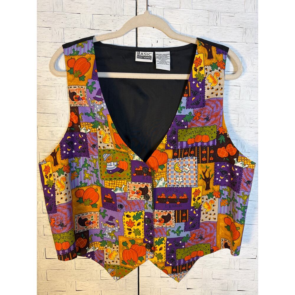 Basic Editions womens vest farm Halloween holiday pumpkins fall‎ leaves teachers